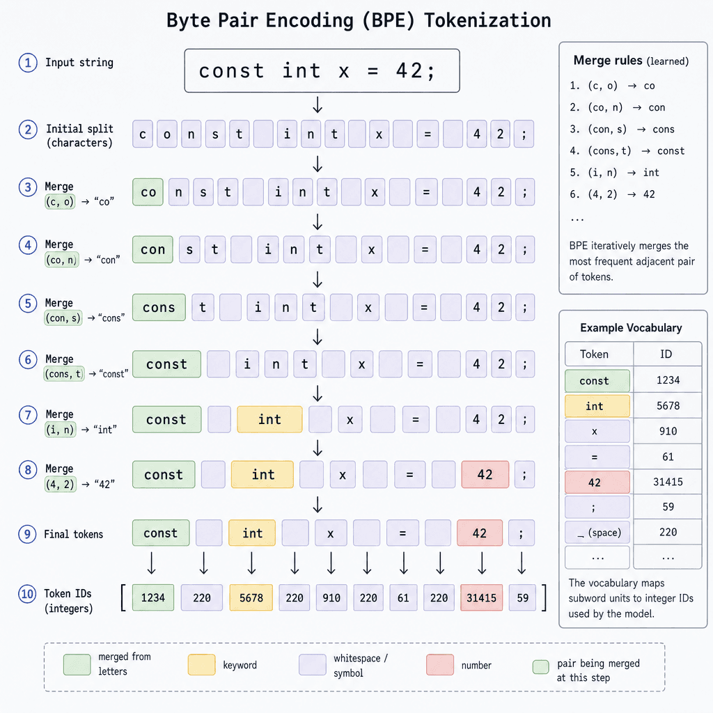 Close-up schematic of a Byte Pair Encoding (BPE) tokenizer breaking down the code string 'const int x = 42;' into individual integer tokens, showing the merging process.