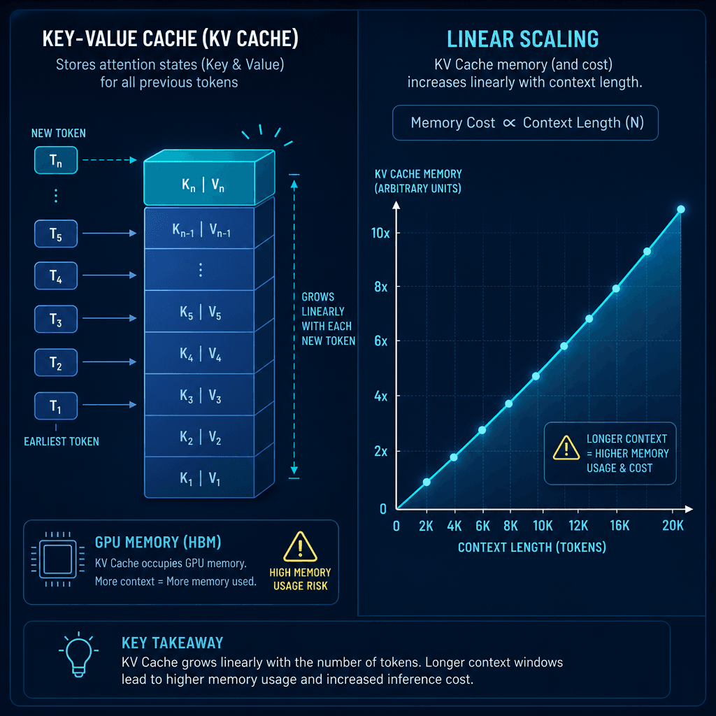 Conceptual visualization of the KV Cache in an LLM, showing a growing memory block that stores attention states for previous tokens, with a linear scaling graph overlay.