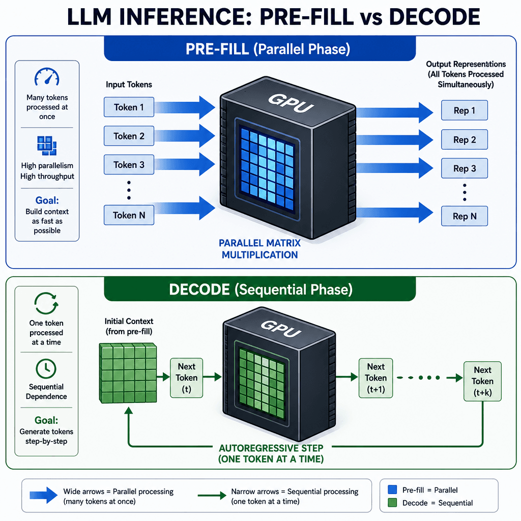 Comparison diagram of Parallel Pre-fill vs Sequential Decode phases in LLM inference, showing multiple tokens processing simultaneously in pre-fill and one token at a time in decode.