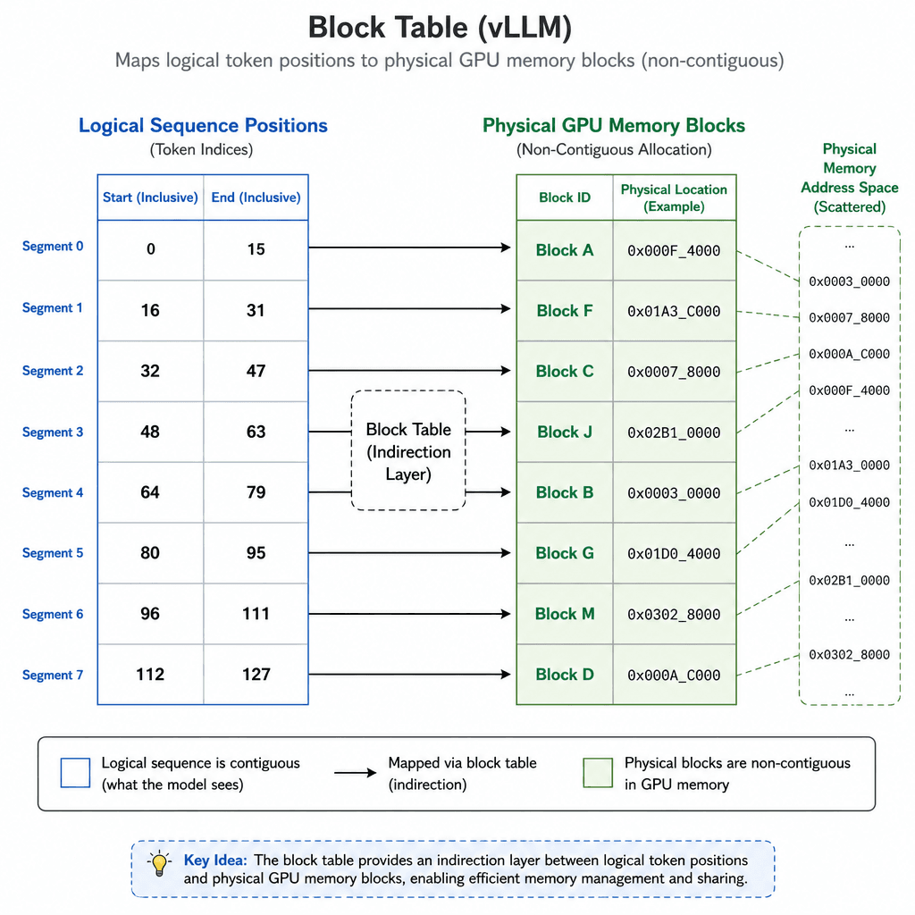 Diagram showing a block table mapping logical token positions to physical GPU memory blocks, highlighting non-contiguous allocation
