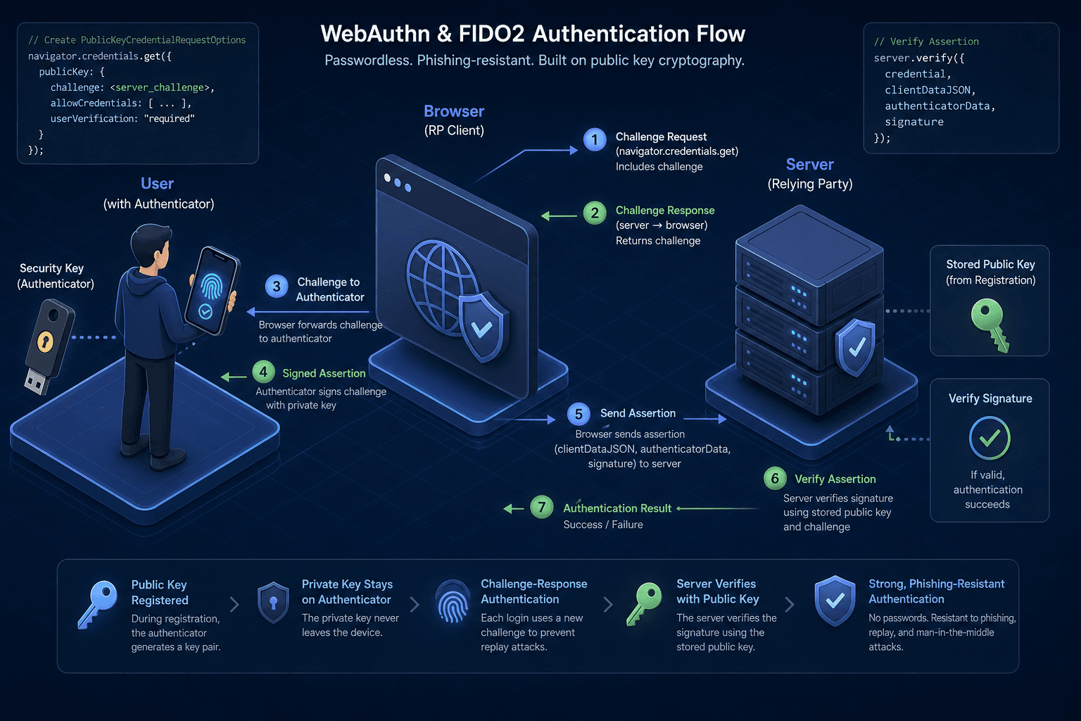 Diagram illustrating the WebAuthn and FIDO2 authentication flow between a user, browser, and server.