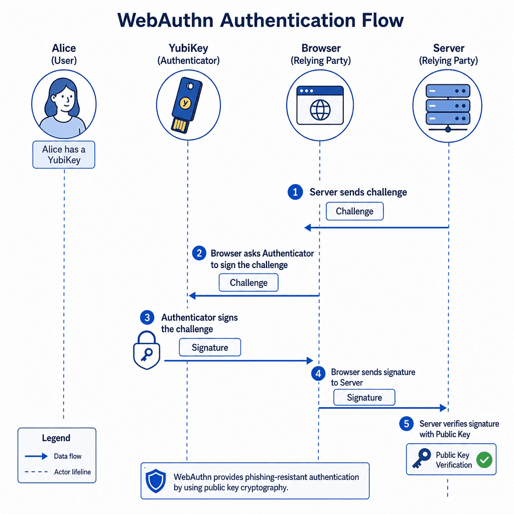 Technical architecture diagram showing the WebAuthn authentication flow. Actors : User (Alice) with YubiKey, Browser, Server. Steps : 1. Server sends challenge. 2. Browser asks Authenticator. 3. Authenticator signs challenge. 4. Signature sent to Server. 5. Server verifies wit…
