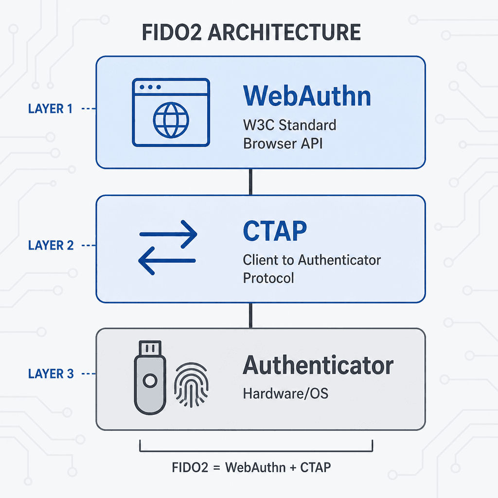 Layered diagram comparing FIDO2 and WebAuthn. Top layer : WebAuthn (W3C Standard, Browser API). Middle layer : CTAP (Protocol). Bottom layer : Authenticator Hardware. Show relationship and hierarchy. Style : Minimalist technical diagram, flat design, grey and blue tones, clear…