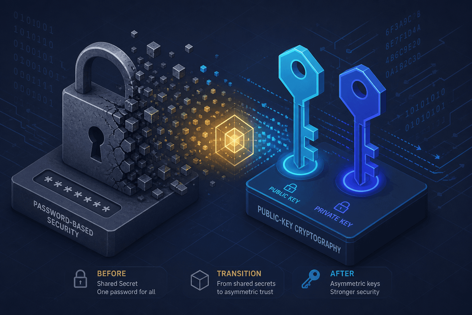 Conceptual diagram showing the transition from password-based security to public-key cryptography.