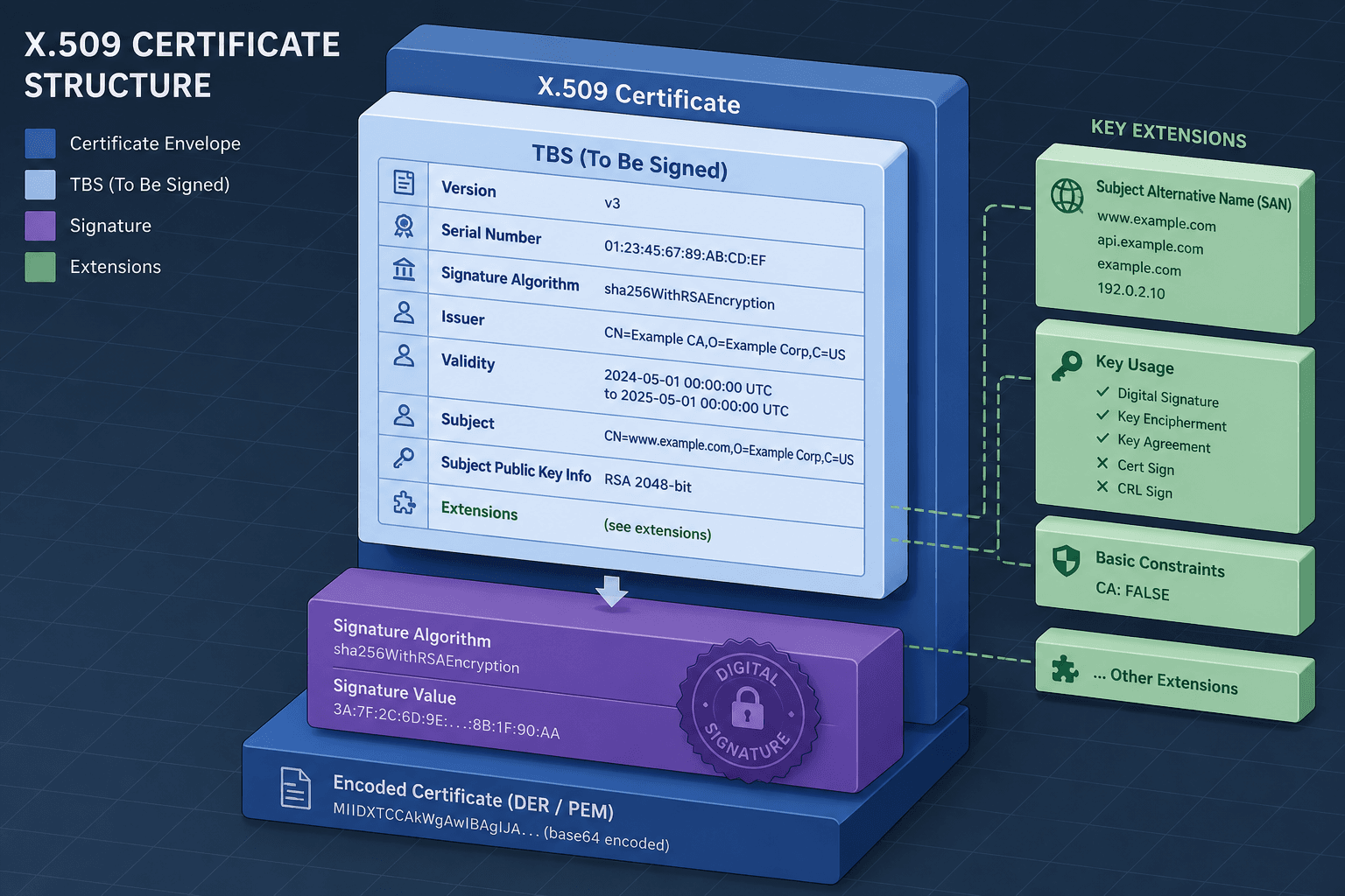 Diagram showing the structure of an X.509 certificate with labeled fields.