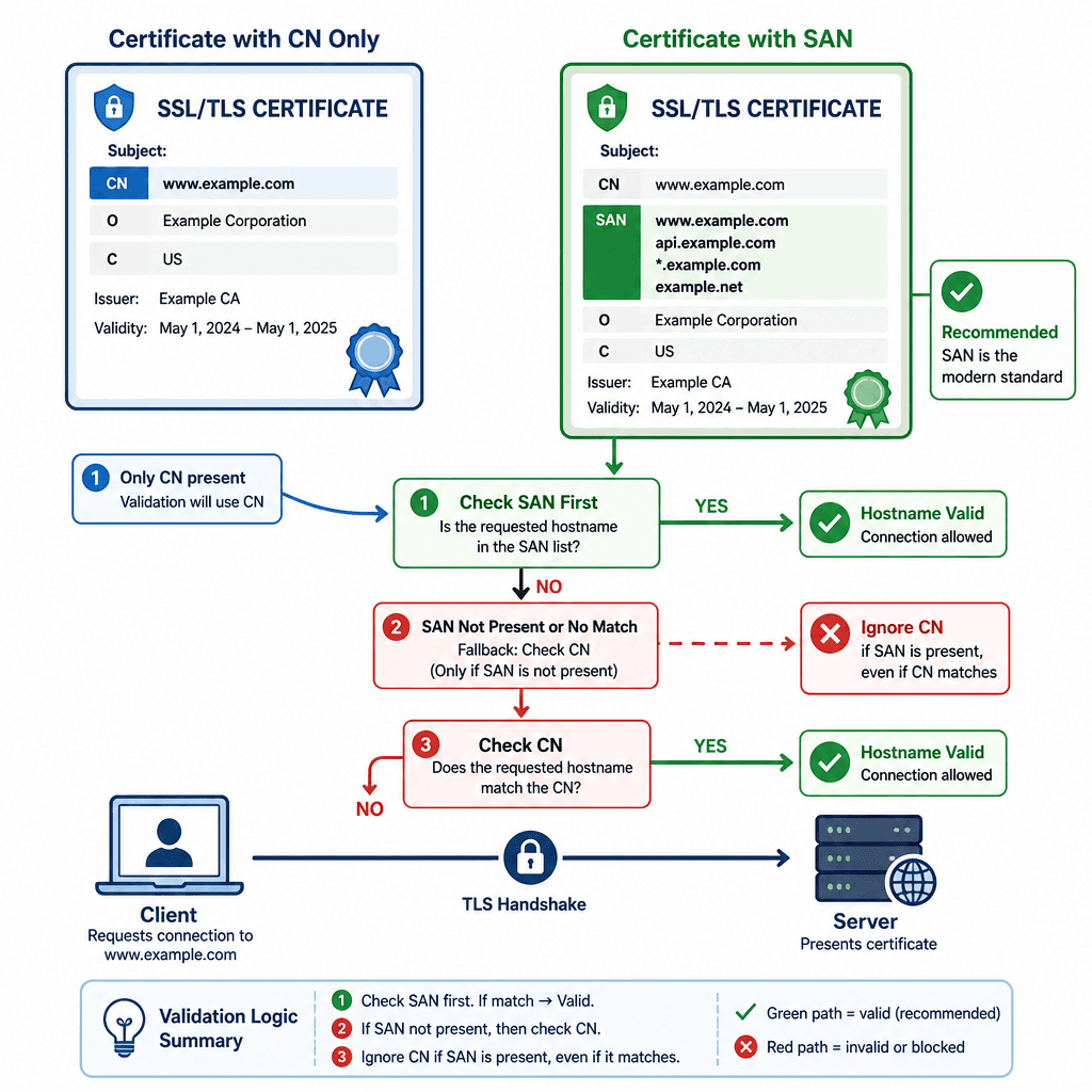 Diagram comparing Common Name (CN) and Subject Alternative Name (SAN) validation logic, showing a client connecting to a server and checking the SAN list first.