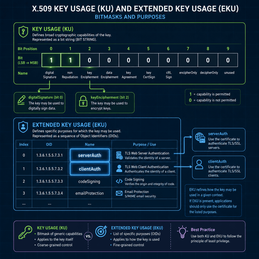 Diagram of Key Usage and Extended Key Usage bitmasks, showing digitalSignature, keyEncipherment, serverAuth, and clientAuth flags.