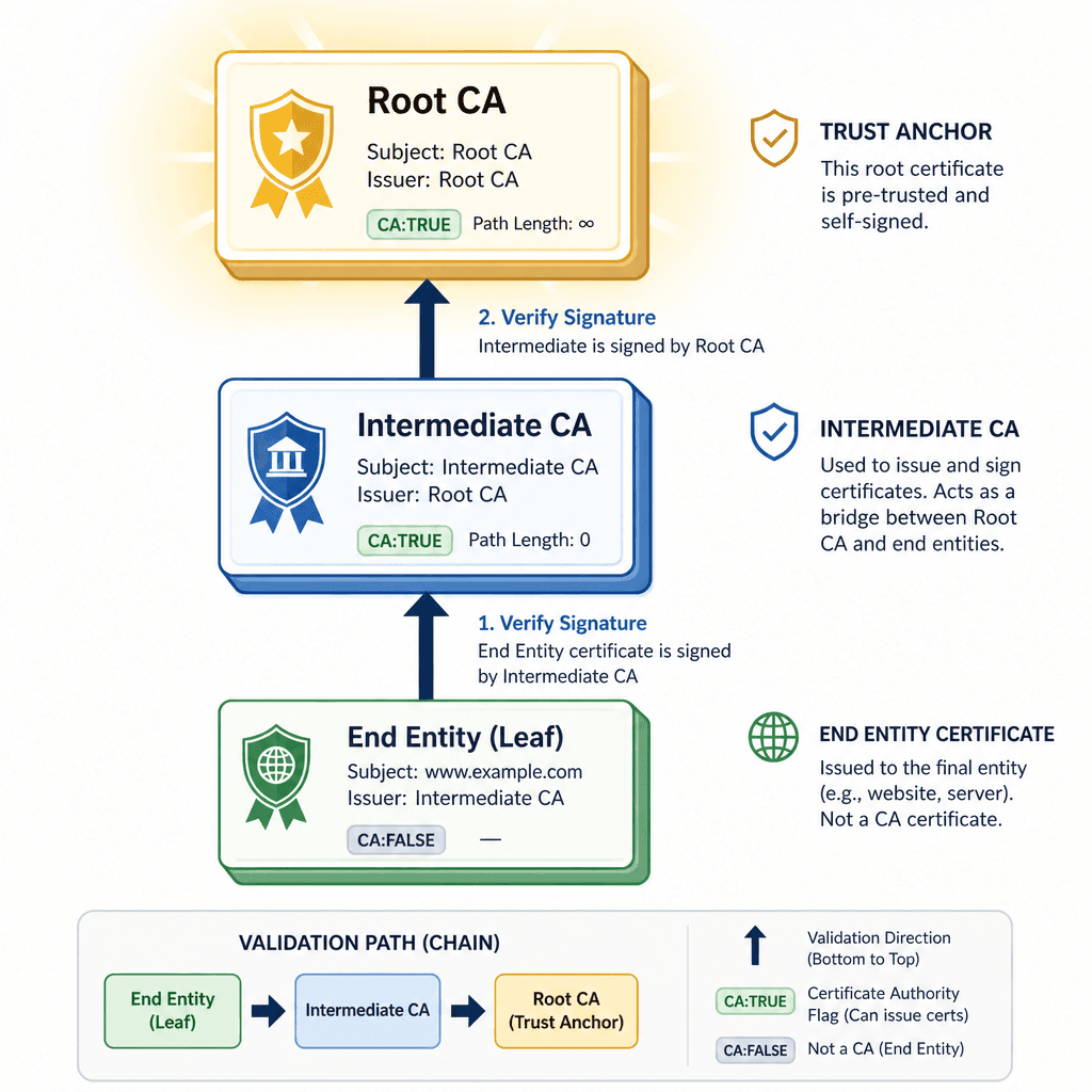 Diagram of a certificate chain : Root CA, Intermediate CA, and End Entity (Leaf) certificate, showing the validation path from leaf to root.