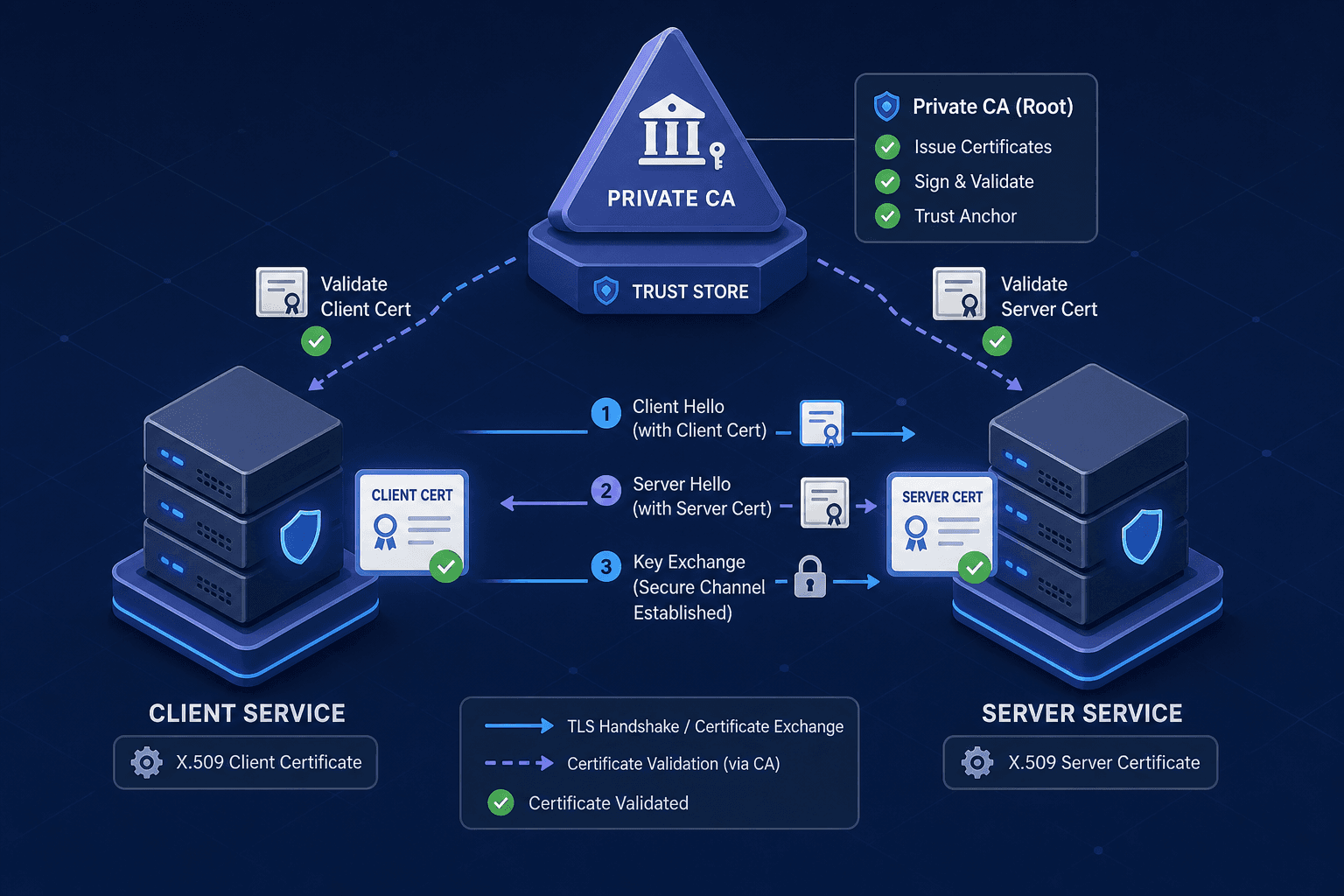 Diagram illustrating mutual TLS handshake and X.509 certificate validation between backend services.