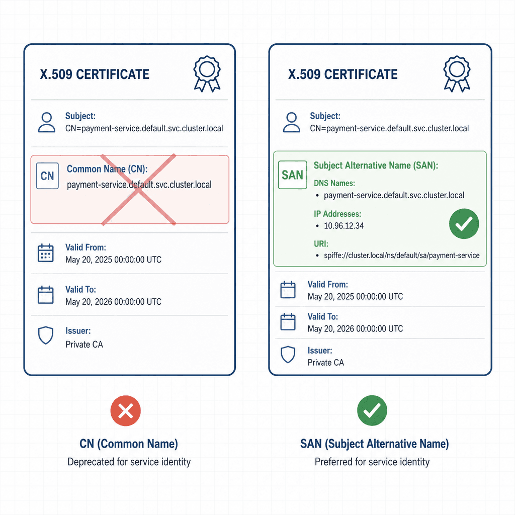 Technical architecture diagram showing a mutual TLS handshake. Left side : Client Service. Right side : Server Service. In the middle : Two-way arrow showing certificate exchange. Client sends Certificate A, Server sends Certificate B. Both have a green checkmark indicating va…