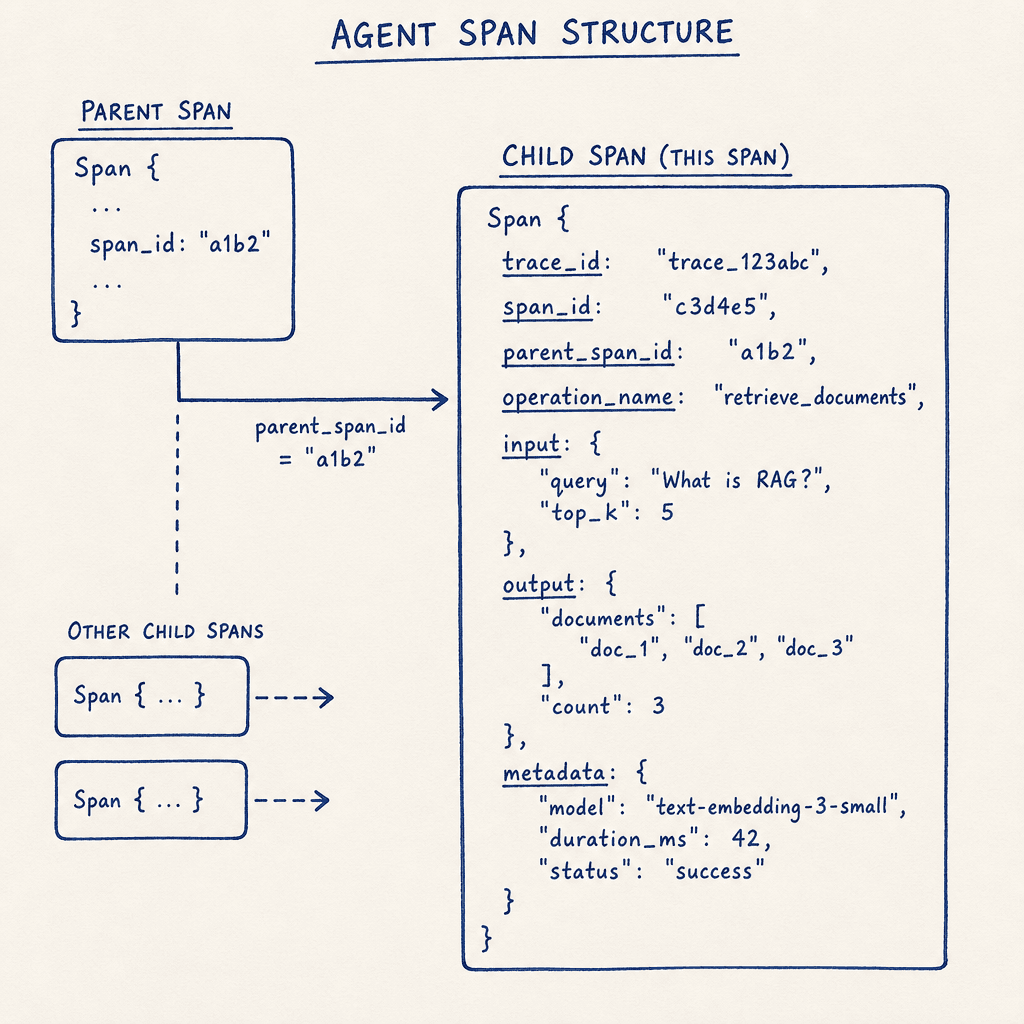 Technical diagram showing an agent span structure. Center is a box labeled "Span" with fields : trace_id, span_id, parent_span_id, operation_name, input, output, metadata. Arrows connect parent to child spans. Clean, minimalist style, blue and white color palette, technical do…