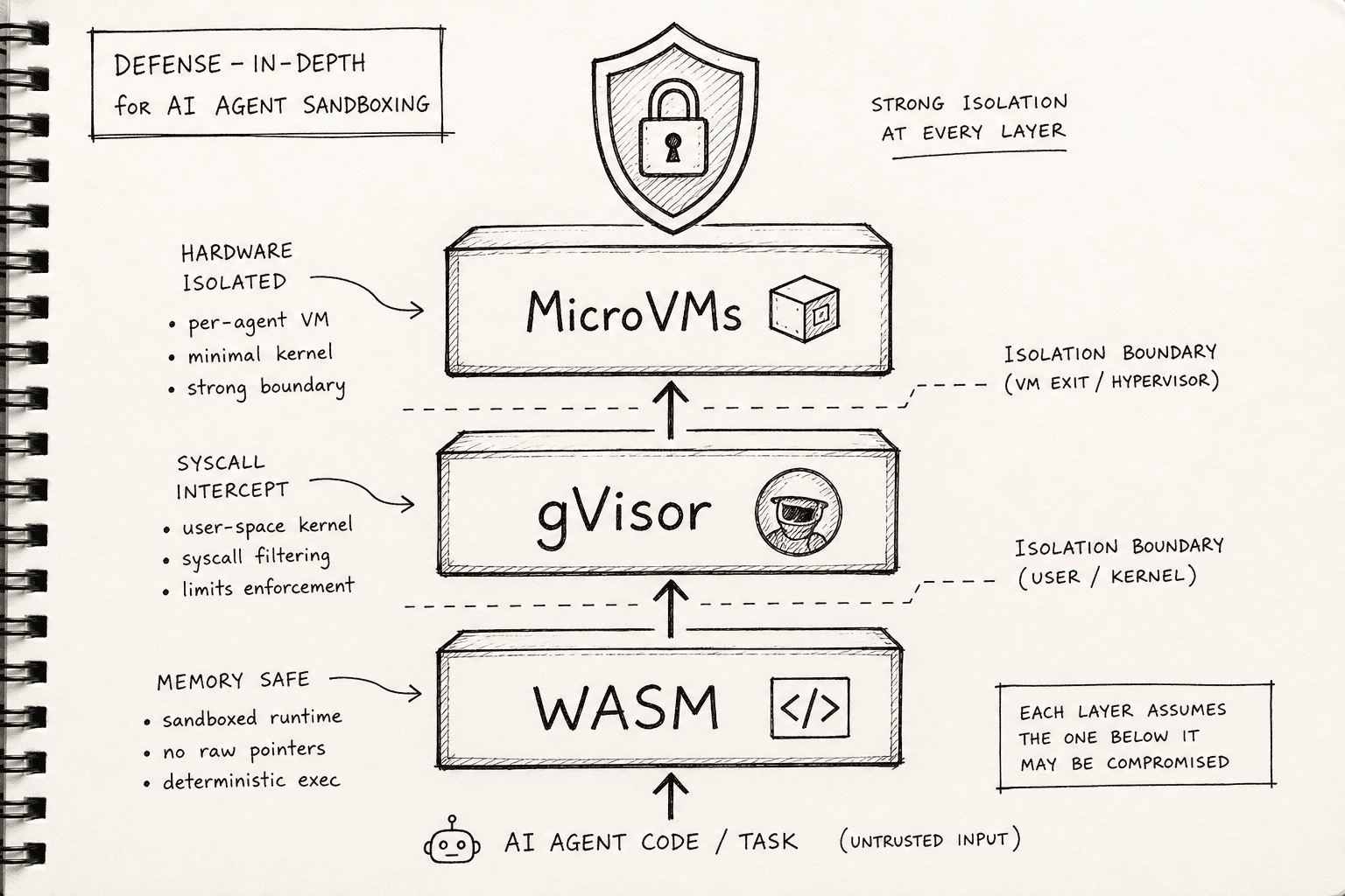 Diagram illustrating layered defense-in-depth architecture for AI agent sandboxing using WASM, gVisor, and MicroVMs.