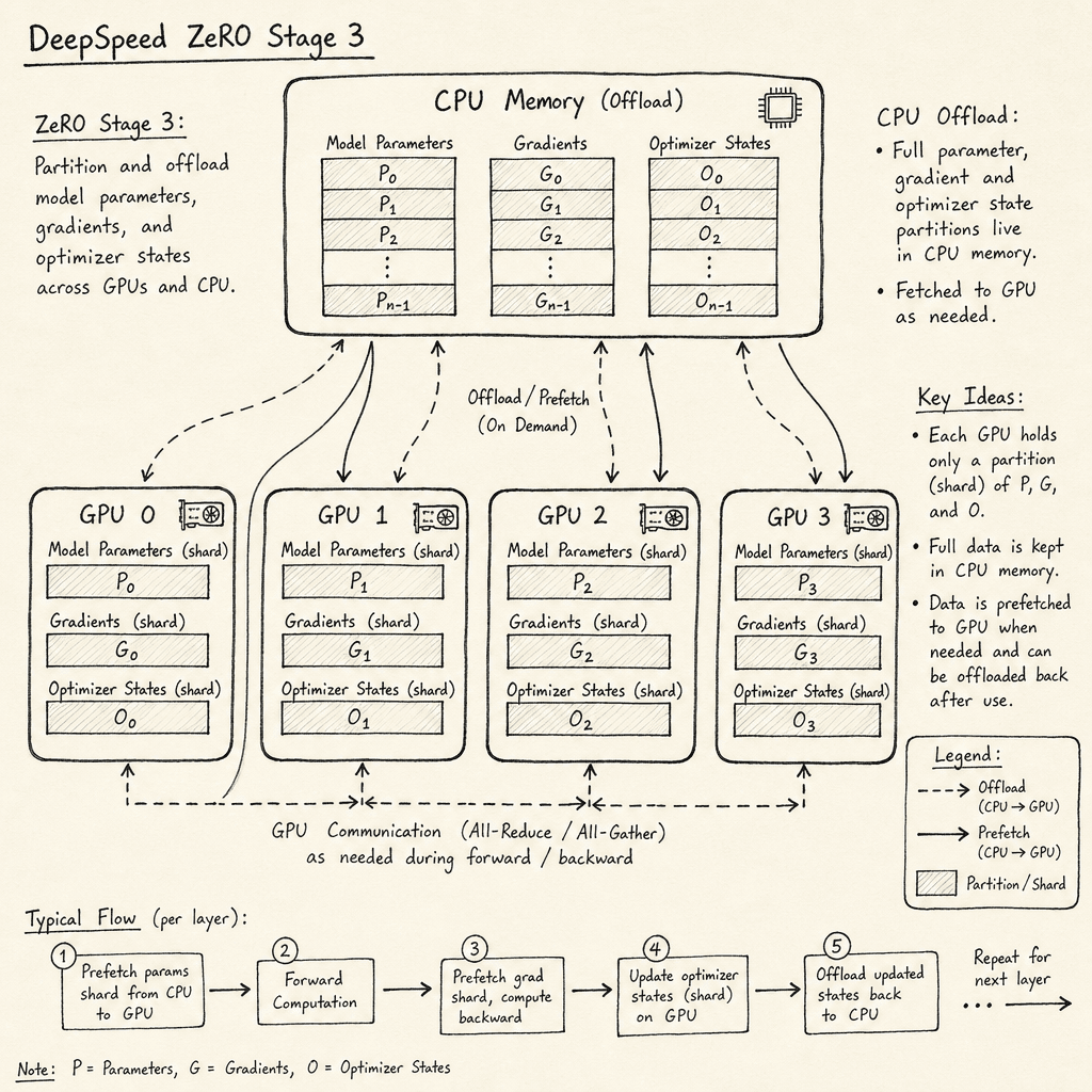 A hand-drawn sketch of a DeepSpeed ZeRO Stage 3 diagram on paper showing model parameters, gradients, and optimizer states partitioned across multiple GPUs, with arrows pointing to CPU memory for offloading, drawn as a hand-drawn ink sketch on off-white paper, hand-lettered la…