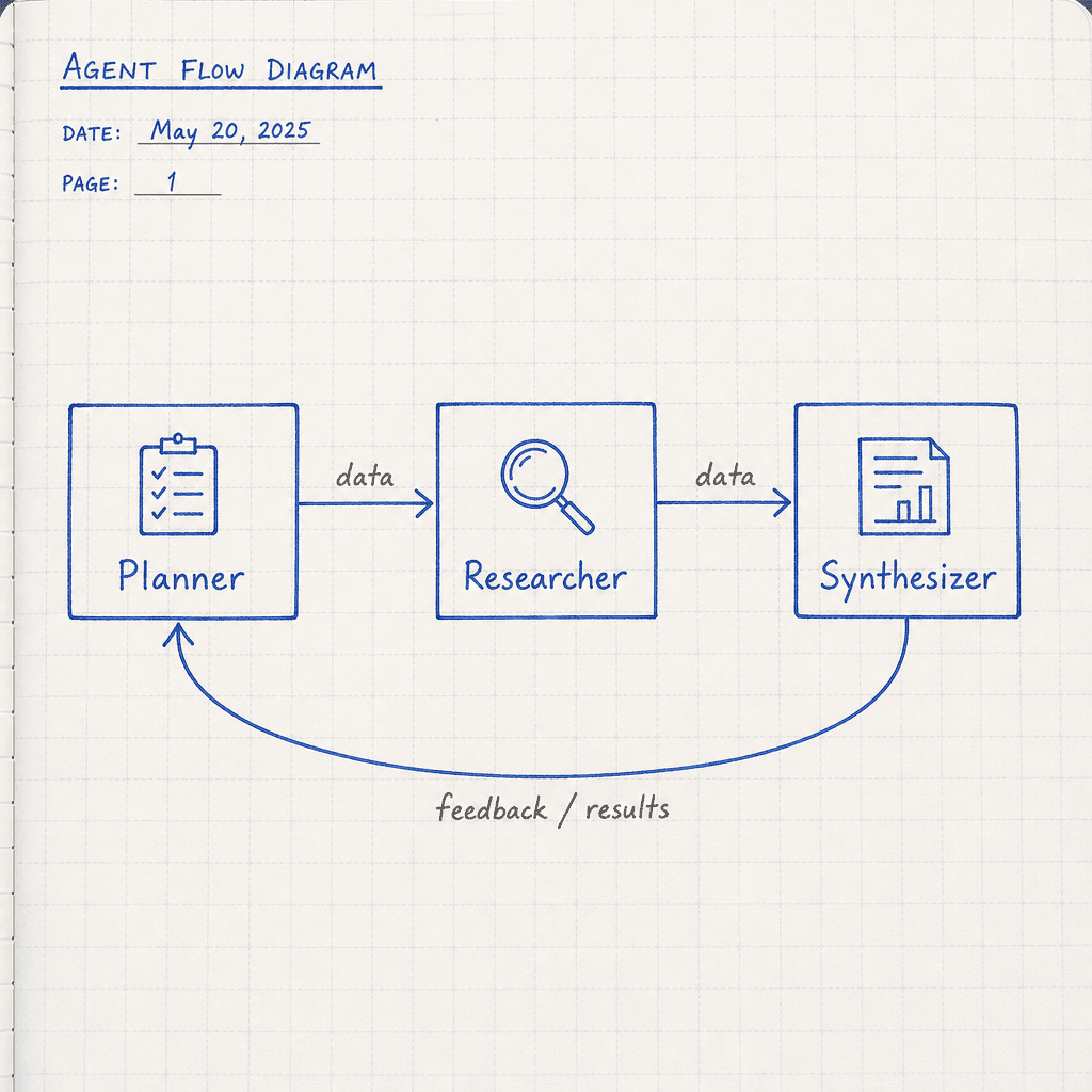 Technical diagram showing a directed graph with three nodes : Planner, Researcher, and Synthesizer. Arrows show data flow from Planner to Researcher, then to Synthesizer, with a feedback loop from Synthesizer back to Planner. Clean, minimalist style, blue and grey color palett…