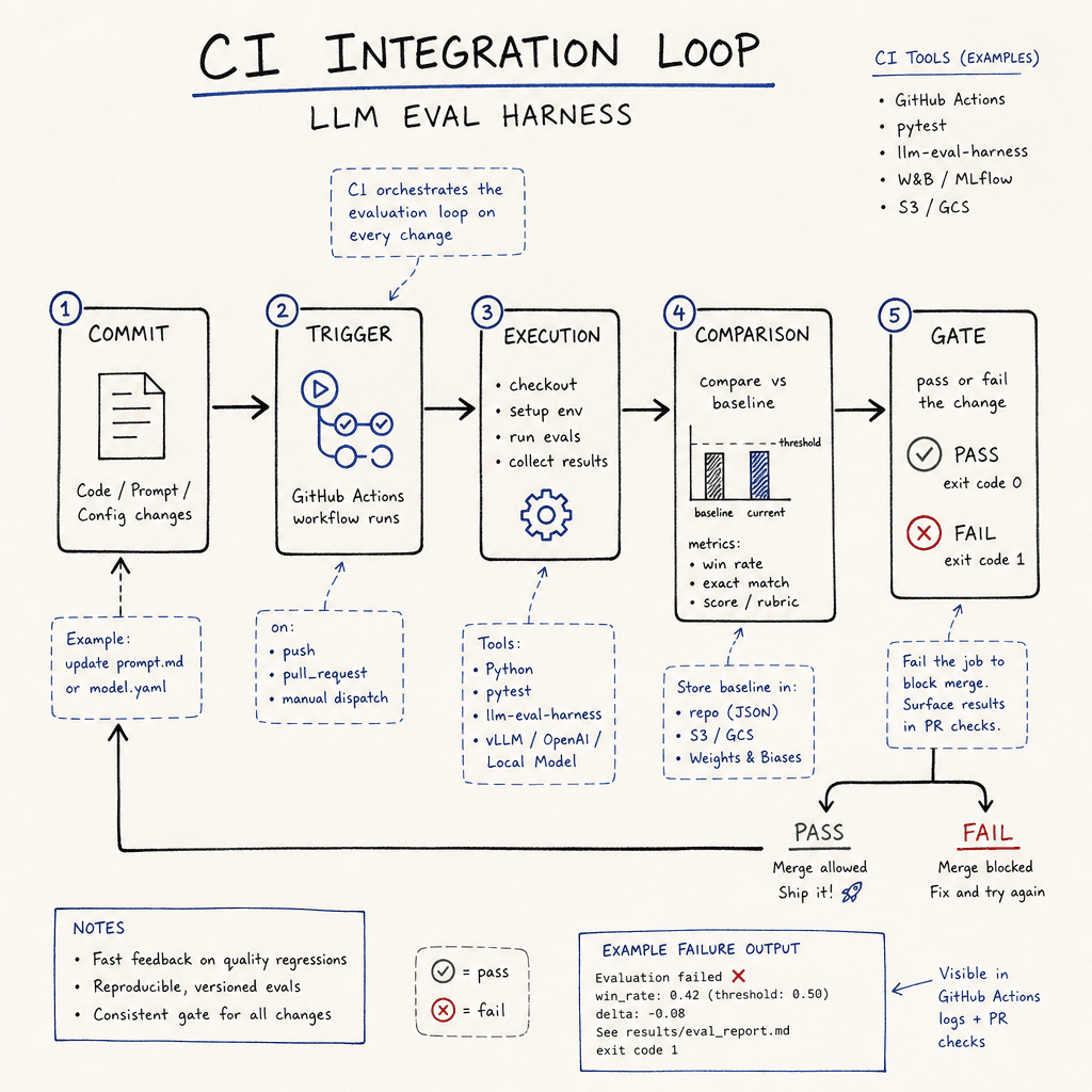 A hand-drawn flowchart on off-white paper showing the CI integration loop : Commit, Trigger, Execution, Comparison, Gate, with hand-lettered labels and muted blue marker accents, drawn as a hand-drawn ink sketch on off-white paper, hand-lettered labels, no neon or dark backgro…