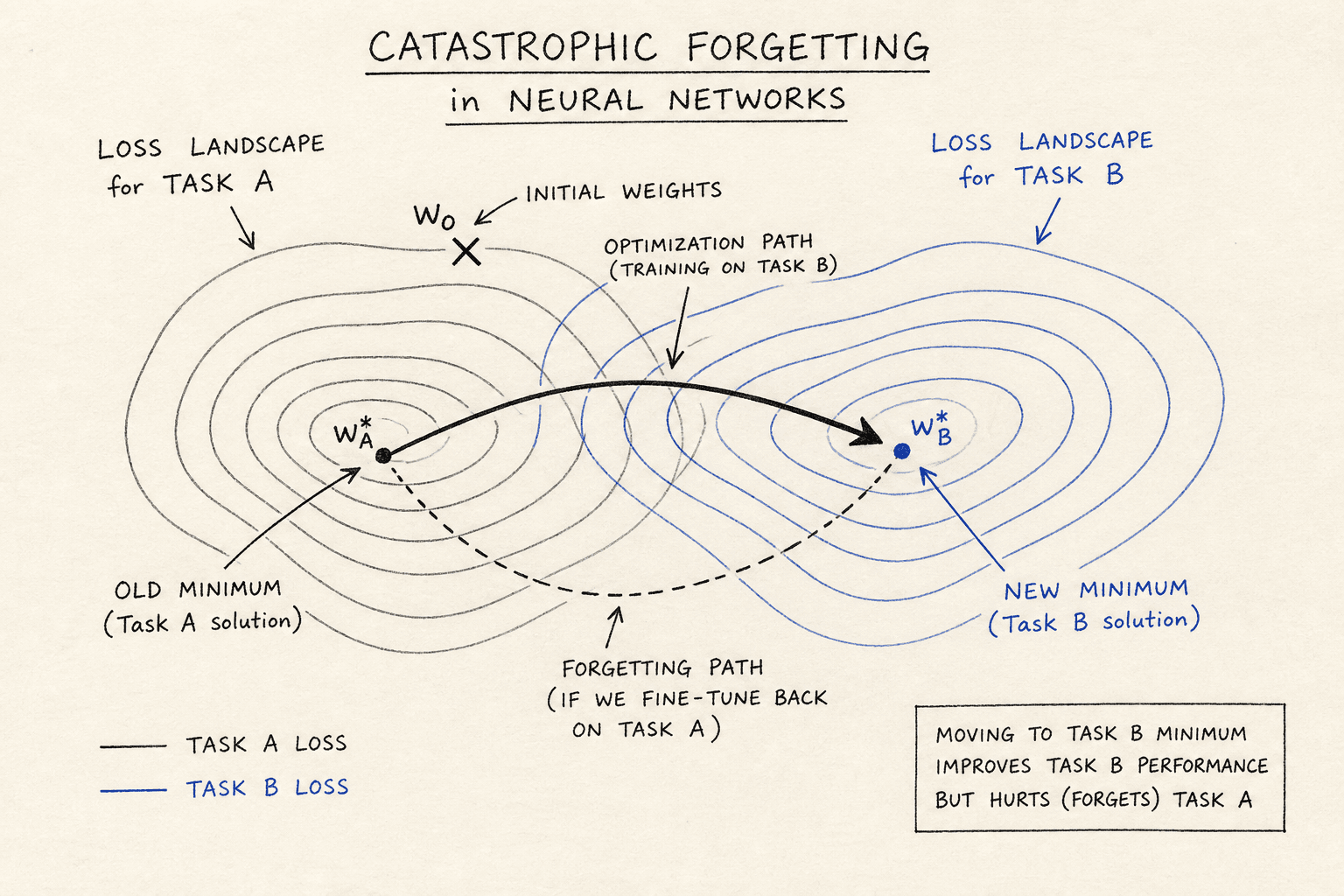 Diagram illustrating catastrophic forgetting in neural networks.