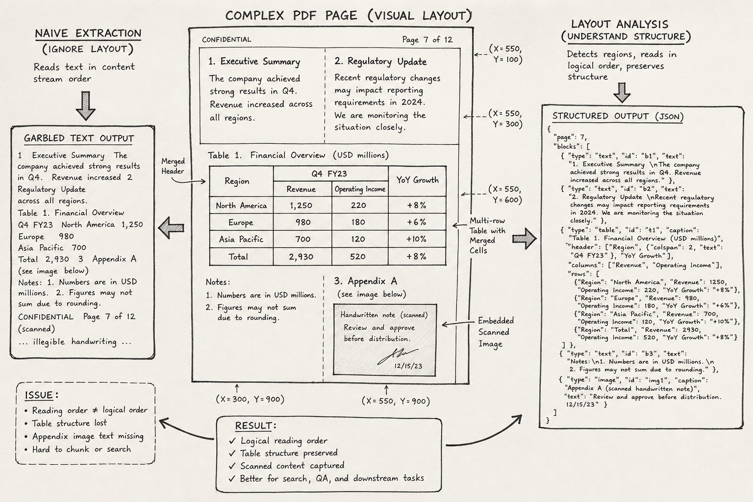 Diagram illustrating the complexity of PDF layouts including tables, columns, and scanned elements.