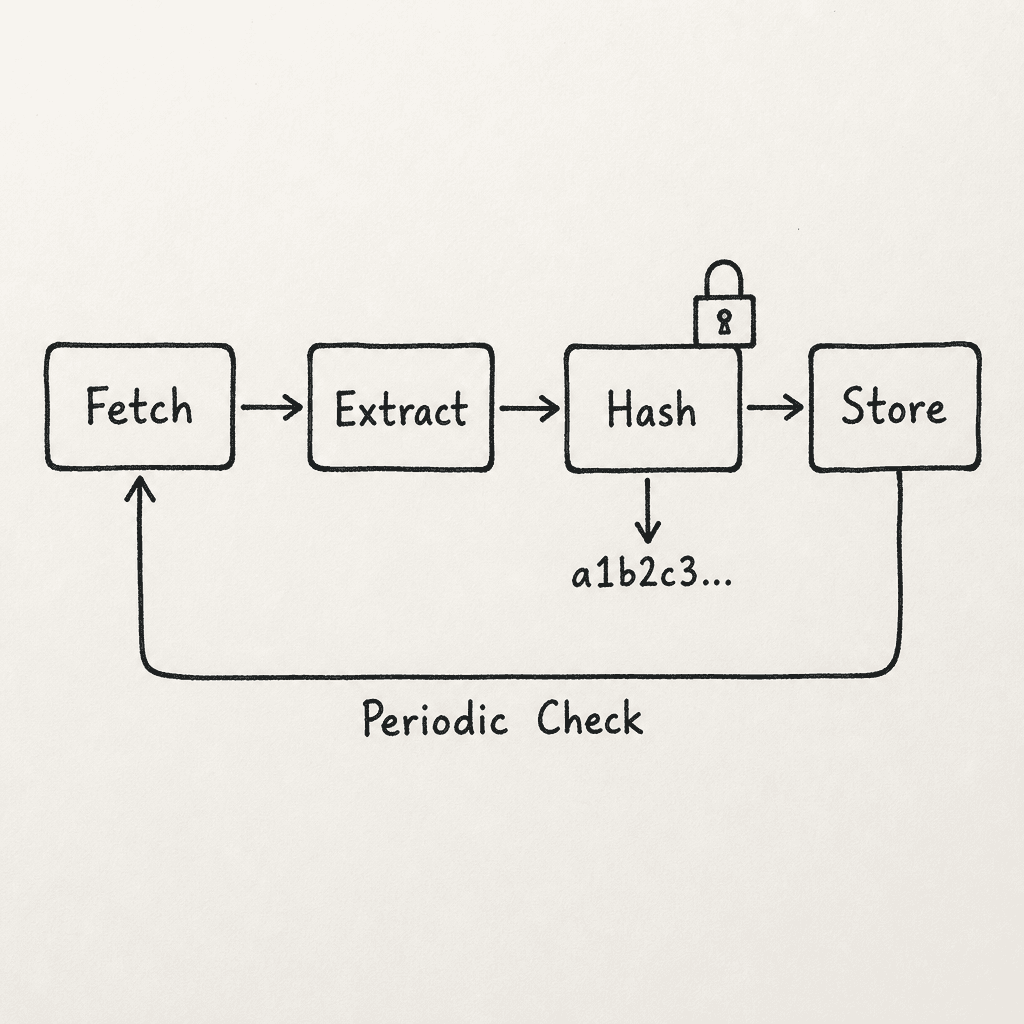 A hand-drawn flowchart on paper showing a verification pipeline : Fetch, Extract, Hash, Store, with a lock icon and a hash string, drawn as a hand-drawn ink sketch on off-white paper, hand-lettered labels, no neon or dark background.