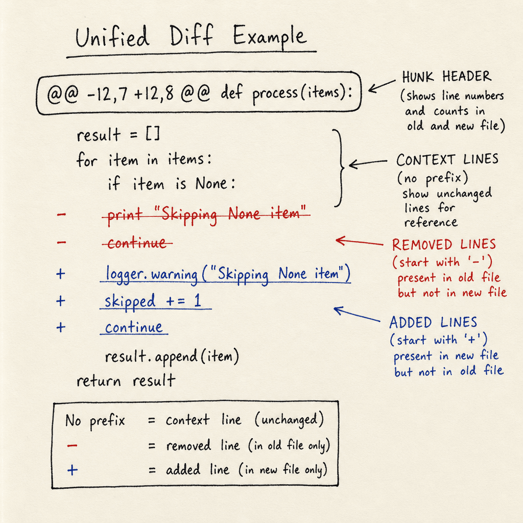 A hand-drawn sketch of a unified diff snippet on paper, showing hunk headers @@, context lines with no prefix, removed lines with minus signs, and added lines with plus signs, hand-lettered.