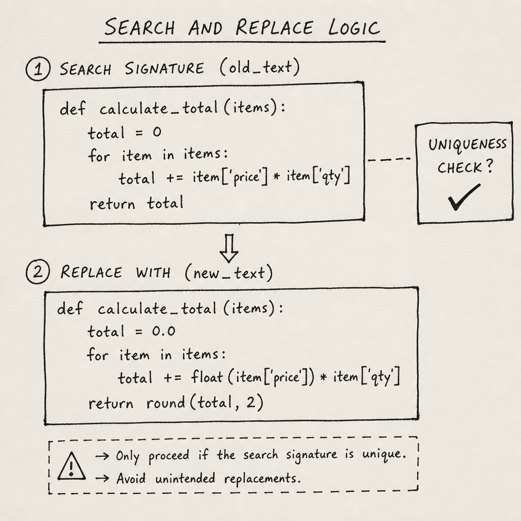 A hand-drawn sketch illustrating search-and-replace logic, showing a 'Search Signature' block of code and a 'Replace' block, with a checkmark indicating uniqueness verification.