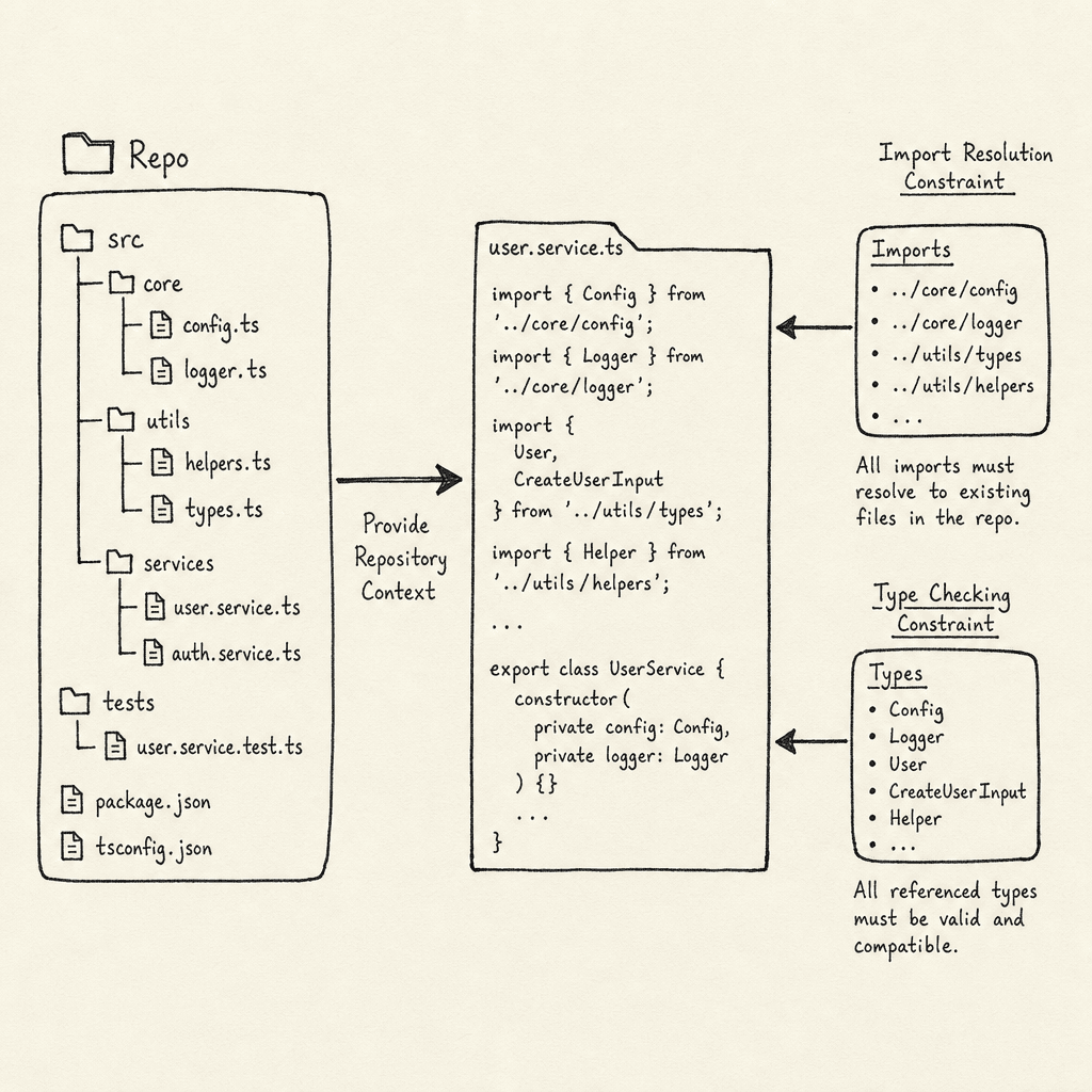A hand-drawn sketch of a repository structure, showing a file tree on the left and a central code file, with arrows indicating 'Import Resolution' and 'Type Checking' constraints.