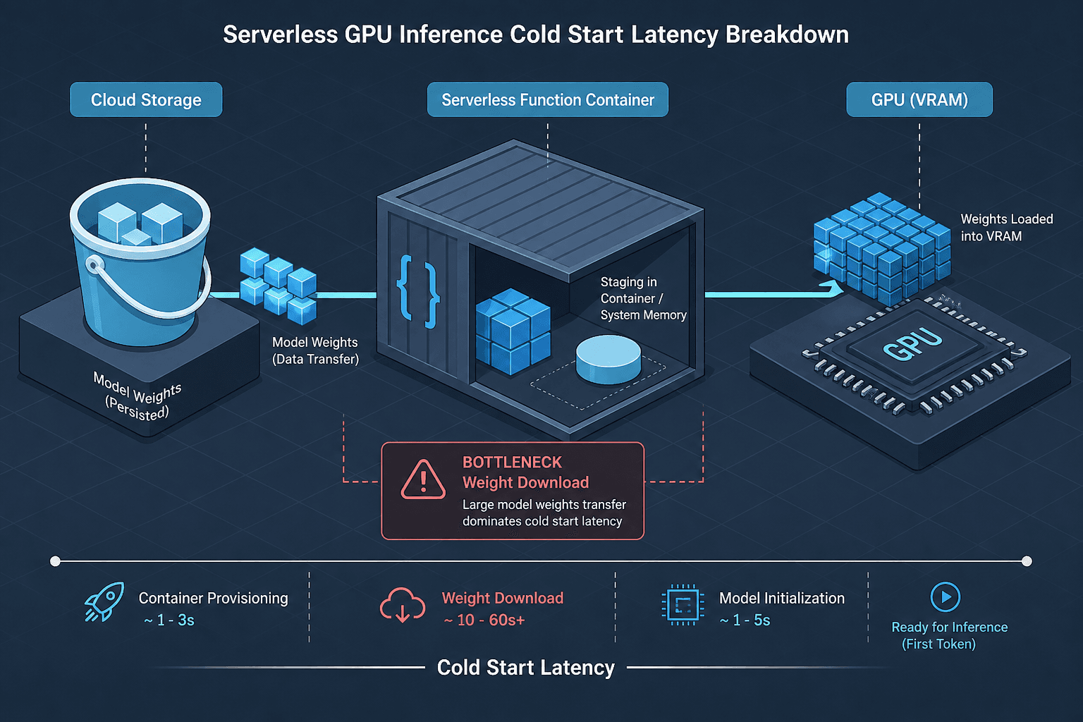 Diagram illustrating the latency components of serverless GPU inference cold starts.