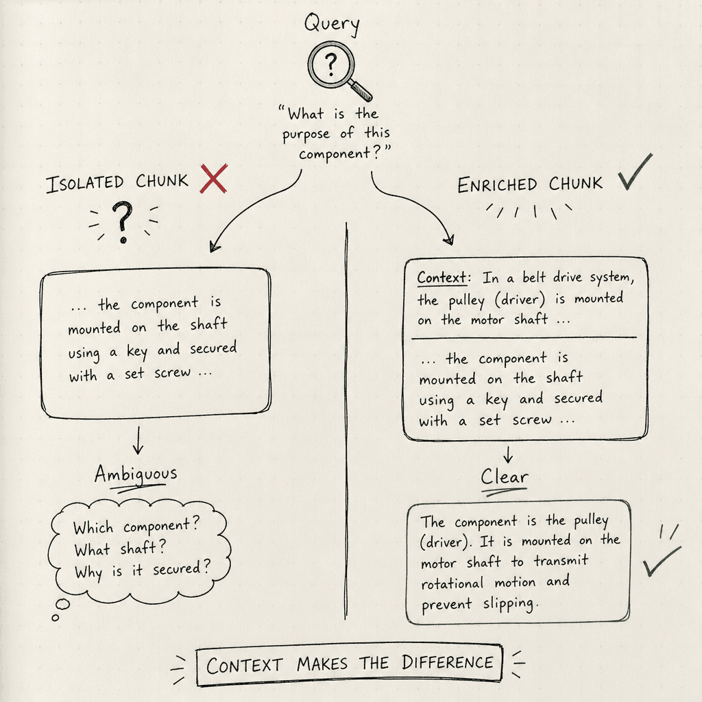 A hand-drawn comparison sketch on off-white paper showing two text chunks : one isolated and ambiguous, the other enriched with a context prefix, drawn as a hand-drawn ink sketch on off-white paper, hand-lettered labels, no neon or dark background.