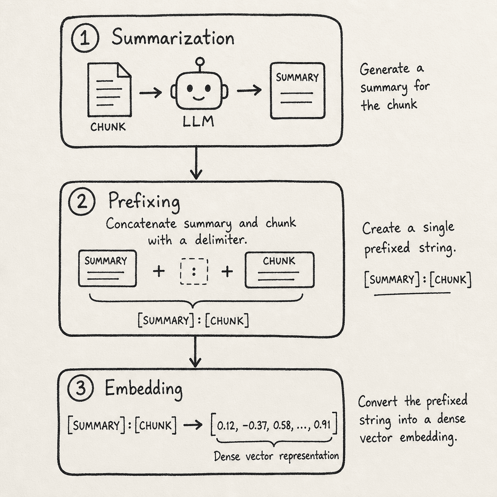 A hand-drawn algorithm flowchart on off-white paper showing the three steps of chunk prefixing : Summarization, Prefixing, and Embedding, drawn as a hand-drawn ink sketch on off-white paper, hand-lettered labels, no neon or dark background.