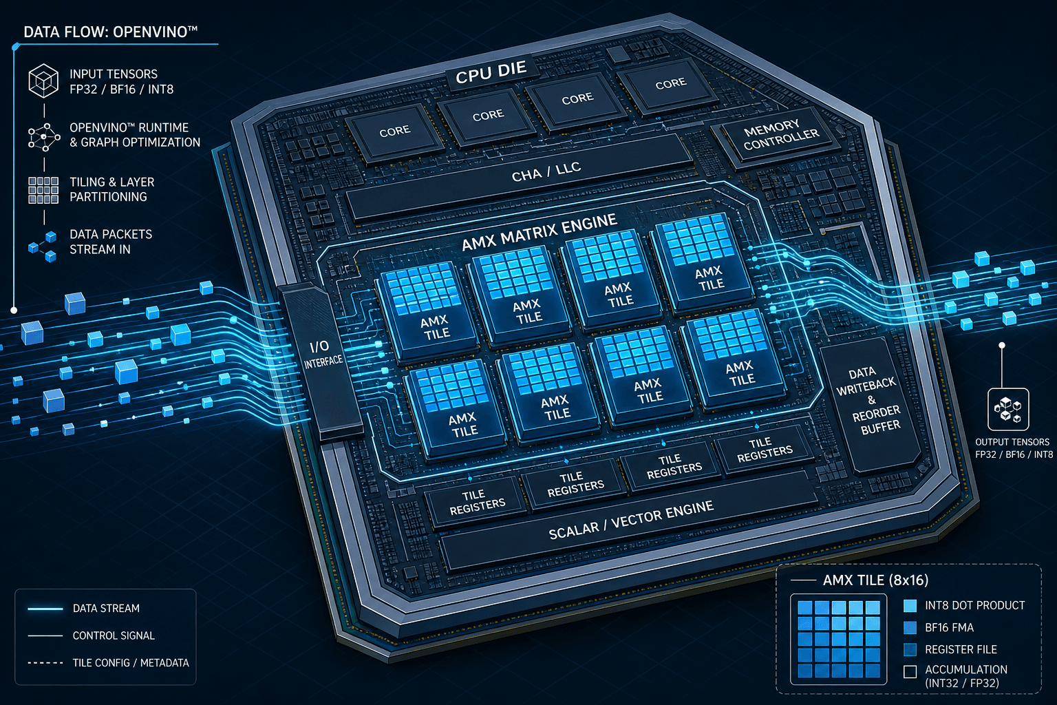 Diagram illustrating CPU inference architecture with AMX and OpenVINO stack.