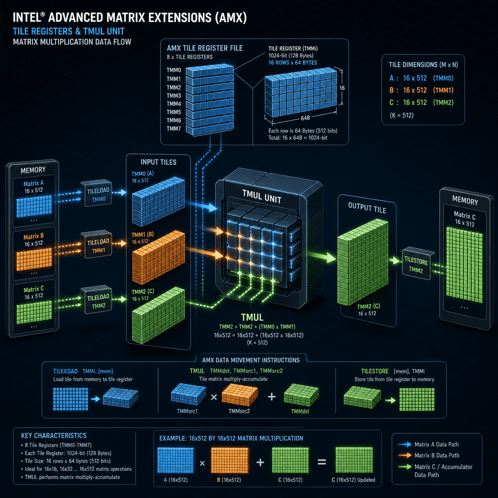 A detailed technical illustration of Intel AMX tile registers performing matrix multiplication, showing TMUL unit and data flow between memory and tiles.