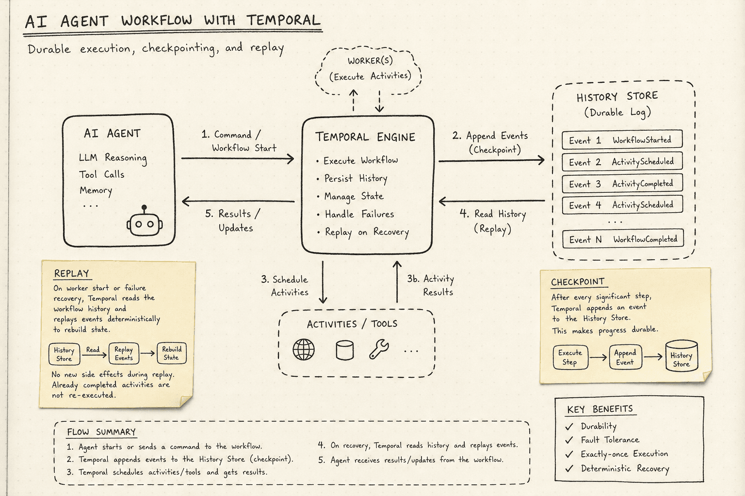 Diagram illustrating Temporal's durable execution model with workflow history and replay.
