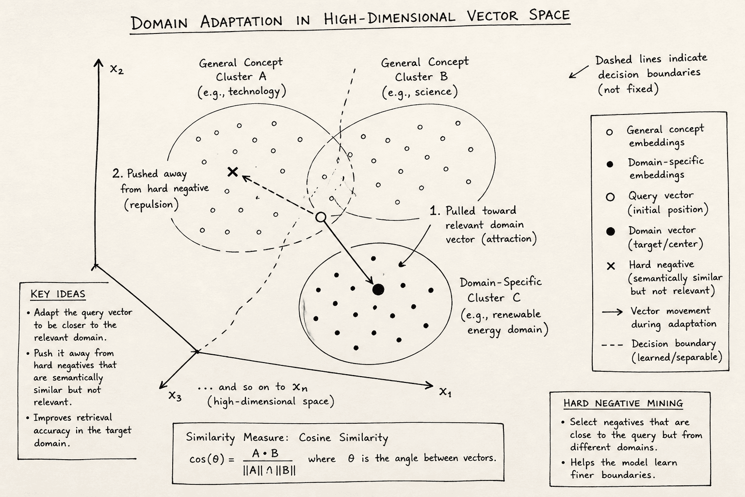 Diagram showing the vector space separation of hard negatives during embedding model fine-tuning.