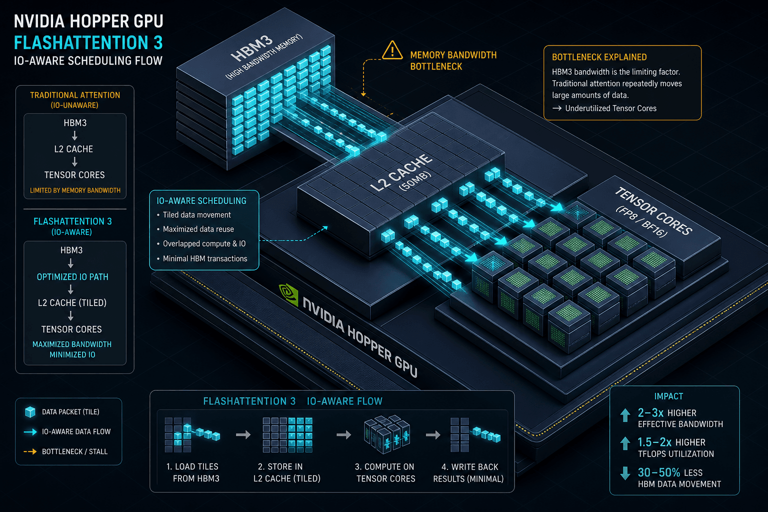 Diagram illustrating FlashAttention 3's IO-aware scheduling and FP8 support on NVIDIA Hopper architecture.