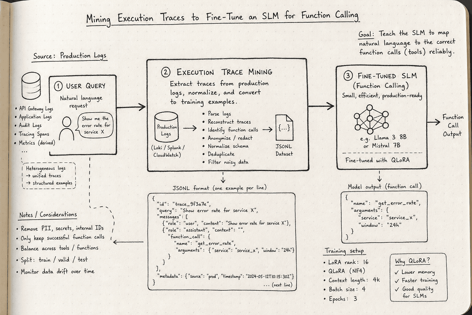 Diagram showing the process of mining execution traces for fine-tuning small language models.