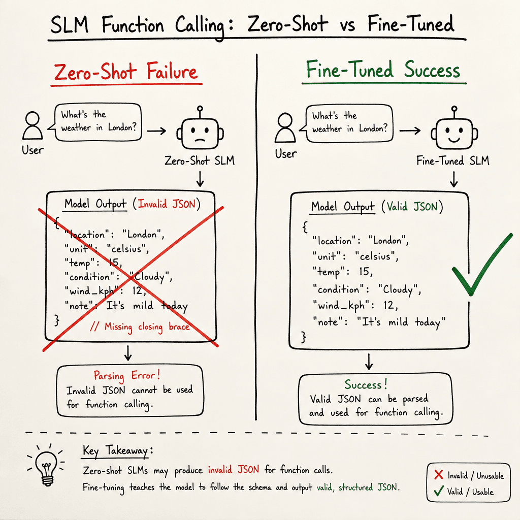 A hand-drawn whiteboard sketch comparing a zero-shot SLM failure mode where the model outputs invalid JSON versus a fine-tuned success where it outputs valid structured JSON, drawn as a hand-drawn ink sketch on off-white paper, hand-lettered labels, no neon or dark background.