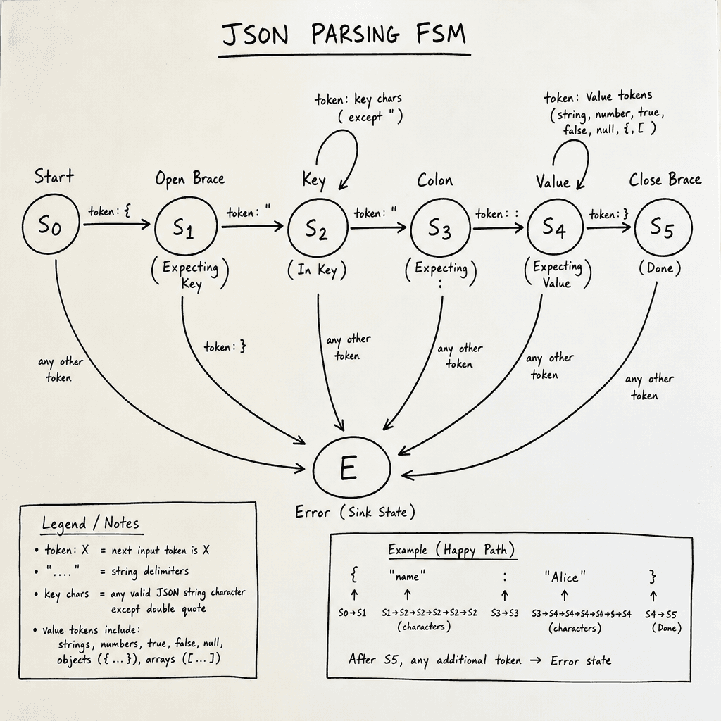 A hand-drawn finite state machine diagram on a whiteboard showing JSON structure states : Start -> Open Brace -> Key -> Colon -> Value -> Close Brace. Drawn as a hand-drawn ink sketch on off-white paper, hand-lettered labels, no neon or dark background.