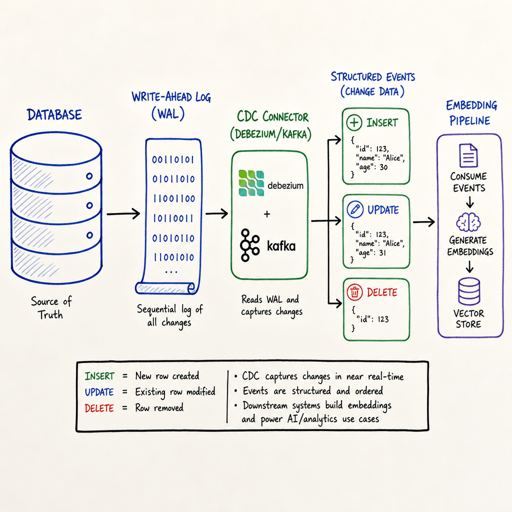 Technical diagram showing a database with a Write-Ahead Log (WAL). An arrow leads from the WAL to a CDC connector (labeled Debezium/Kafka). The connector outputs structured events (INSERT, UPDATE, DELETE) that flow into an embedding pipeline. Style : clean, modern tech illustr…