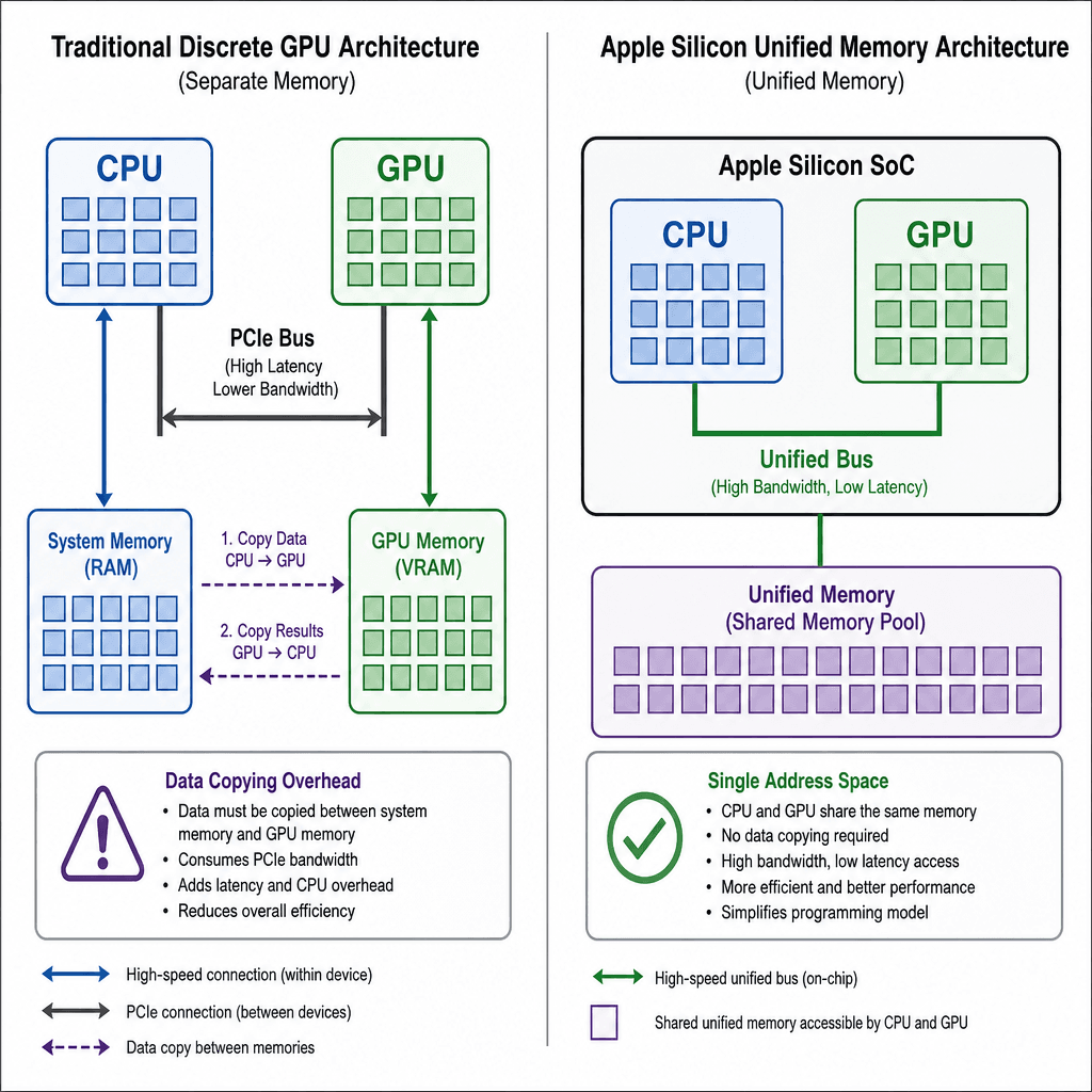 A split-screen technical diagram comparing traditional discrete GPU memory architecture with Apple Silicon unified memory, showing data copying overhead vs. single address space.
