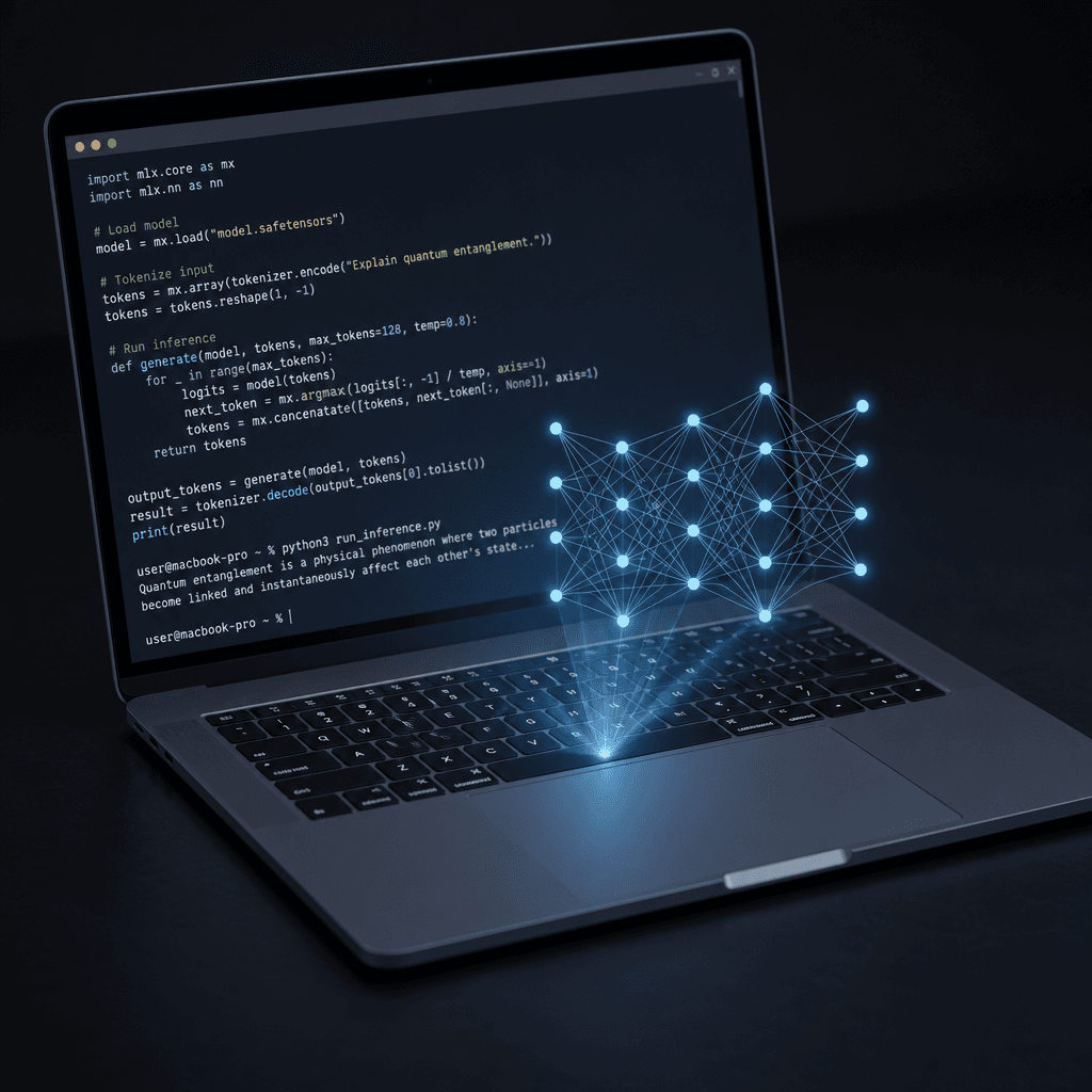 A minimalist illustration of a MacBook Pro with a terminal window open, displaying code for MLX inference, with a subtle holographic projection of a neural network model above the screen.