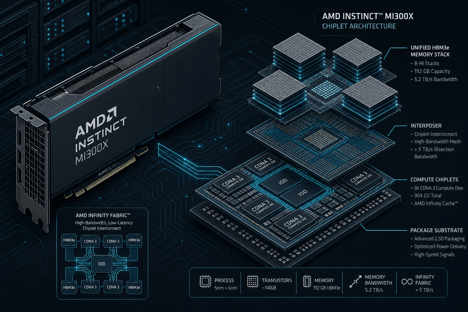 Diagram of AMD MI300X chiplet architecture showing HBM3 memory bands.