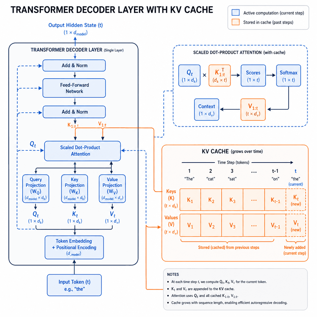 Technical diagram showing a transformer decoder layer. Highlight the Query, Key, and Value projections. Visualize the KV cache growing as a timeline of previous tokens being stored in memory. Use a clean, schematic style with blue and orange colors to distinguish active comput…