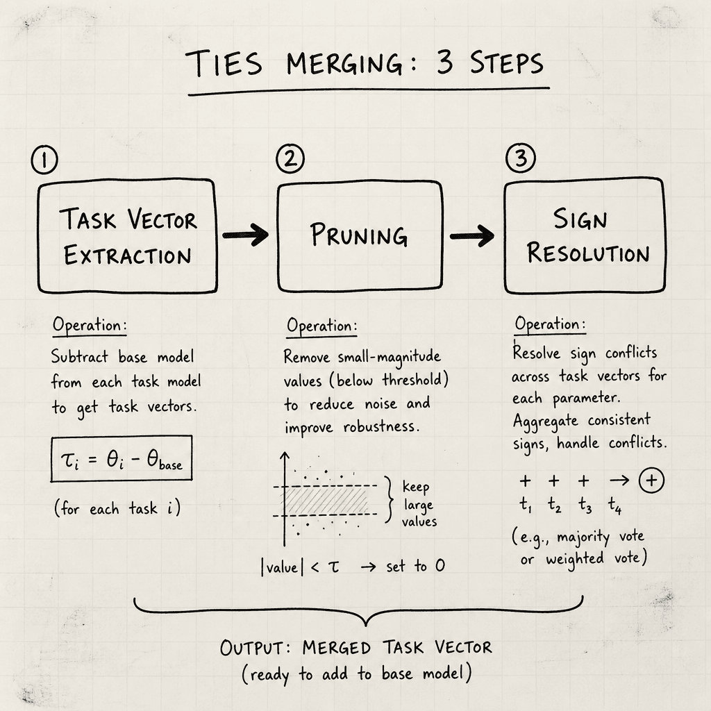 A hand-drawn whiteboard sketch of a flowchart showing the three steps of TIES merging : Task Vector Extraction, Pruning, and Sign Resolution, with arrows connecting the boxes, drawn as a hand-drawn ink sketch on off-white paper, hand-lettered labels, no neon or dark background.