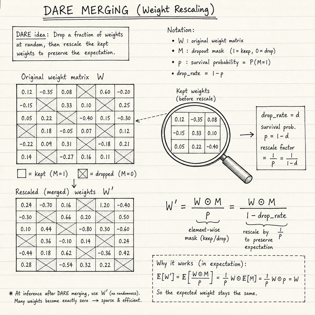 A hand-drawn sketch on notebook paper showing the DARE merging concept : a grid of weights where many cells are crossed out (dropped) and the remaining cells are scaled up, with a formula showing division by survival probability, drawn as a hand-drawn ink sketch on off-white p…