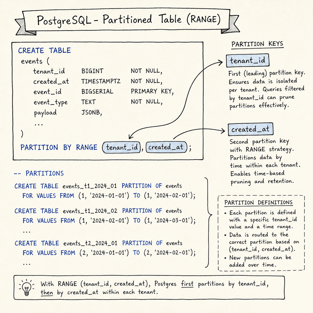 A hand-drawn sketch on off-white paper showing a SQL code snippet for creating a partitioned table in Postgres, with annotations highlighting partition keys, drawn as a hand-drawn ink sketch on off-white paper, hand-lettered labels, no neon or dark background.