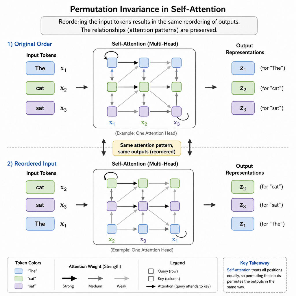 A schematic diagram showing a sequence of tokens being processed by a self-attention mechanism, highlighting how reordering tokens changes the output to illustrate permutation invariance.