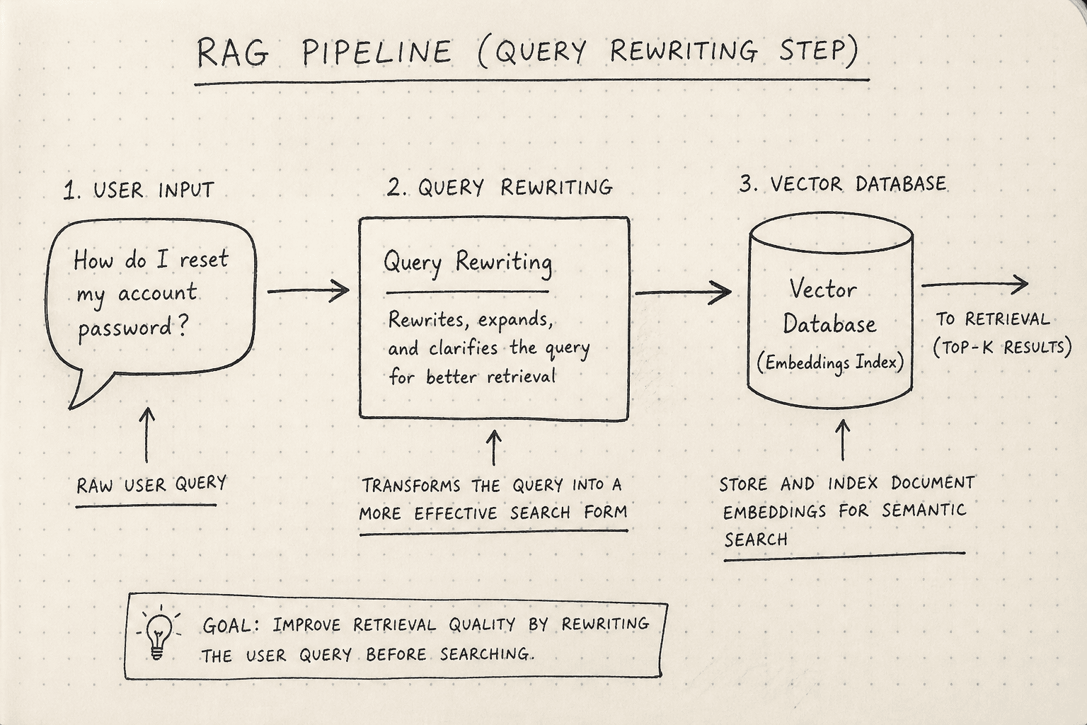 Diagram showing query rewriting process in a RAG pipeline.