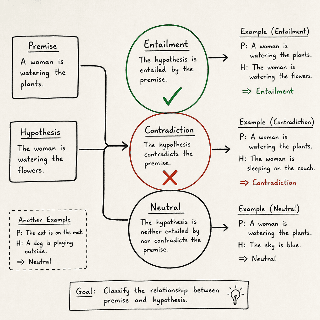 A hand-drawn Venn diagram or logic flow on paper showing three categories : Entailment, Contradiction, and Neutral. The 'Entailment' section is highlighted with a green checkmark, while 'Contradiction' has a red X. Labels are hand-written. Drawn as a hand-drawn ink sketch on o…