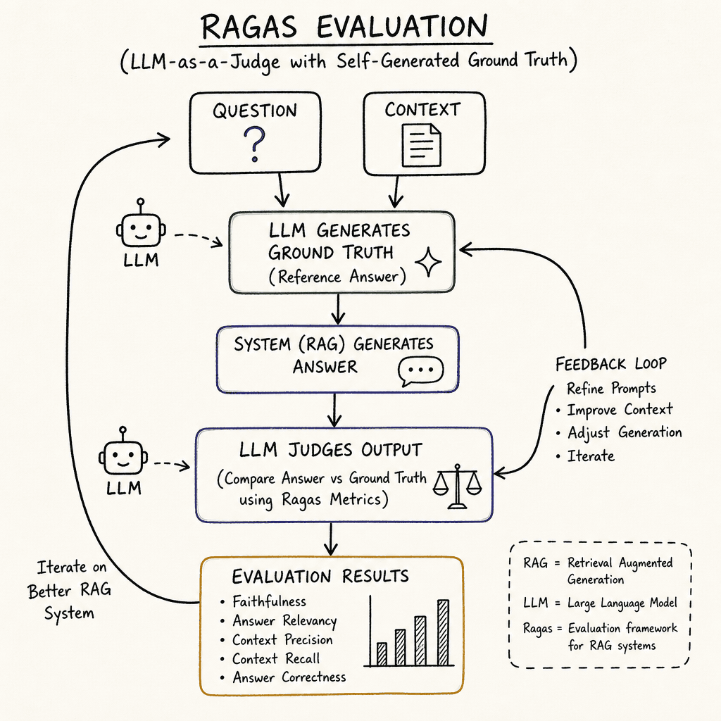 A hand-drawn flowchart showing the Ragas evaluation process with LLM-as-a-Judge and self-generated ground truth, drawn as a hand-drawn ink sketch on off-white paper, hand-lettered labels, no neon or dark background.
