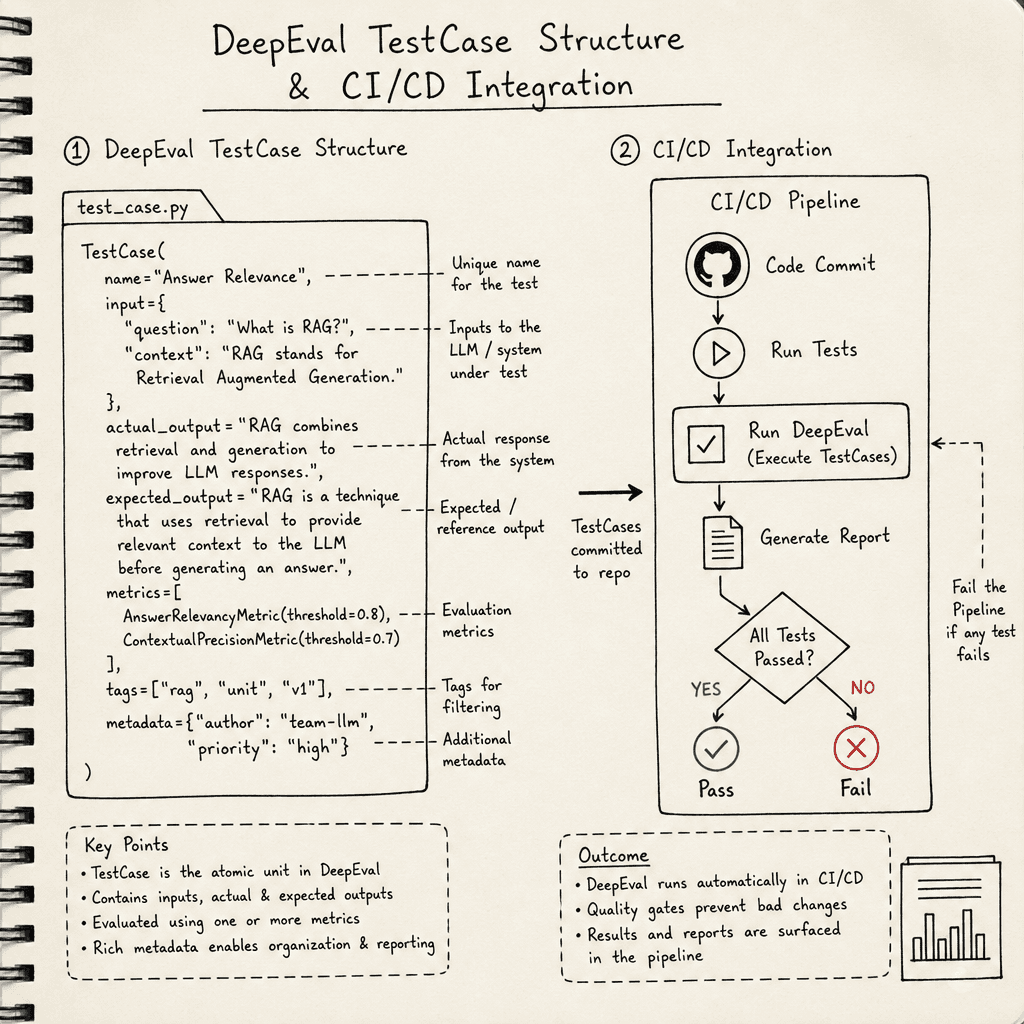 A hand-drawn diagram showing DeepEval's TestCase structure and CI/CD integration, drawn as a hand-drawn ink sketch on off-white paper, hand-lettered labels, no neon or dark background.
