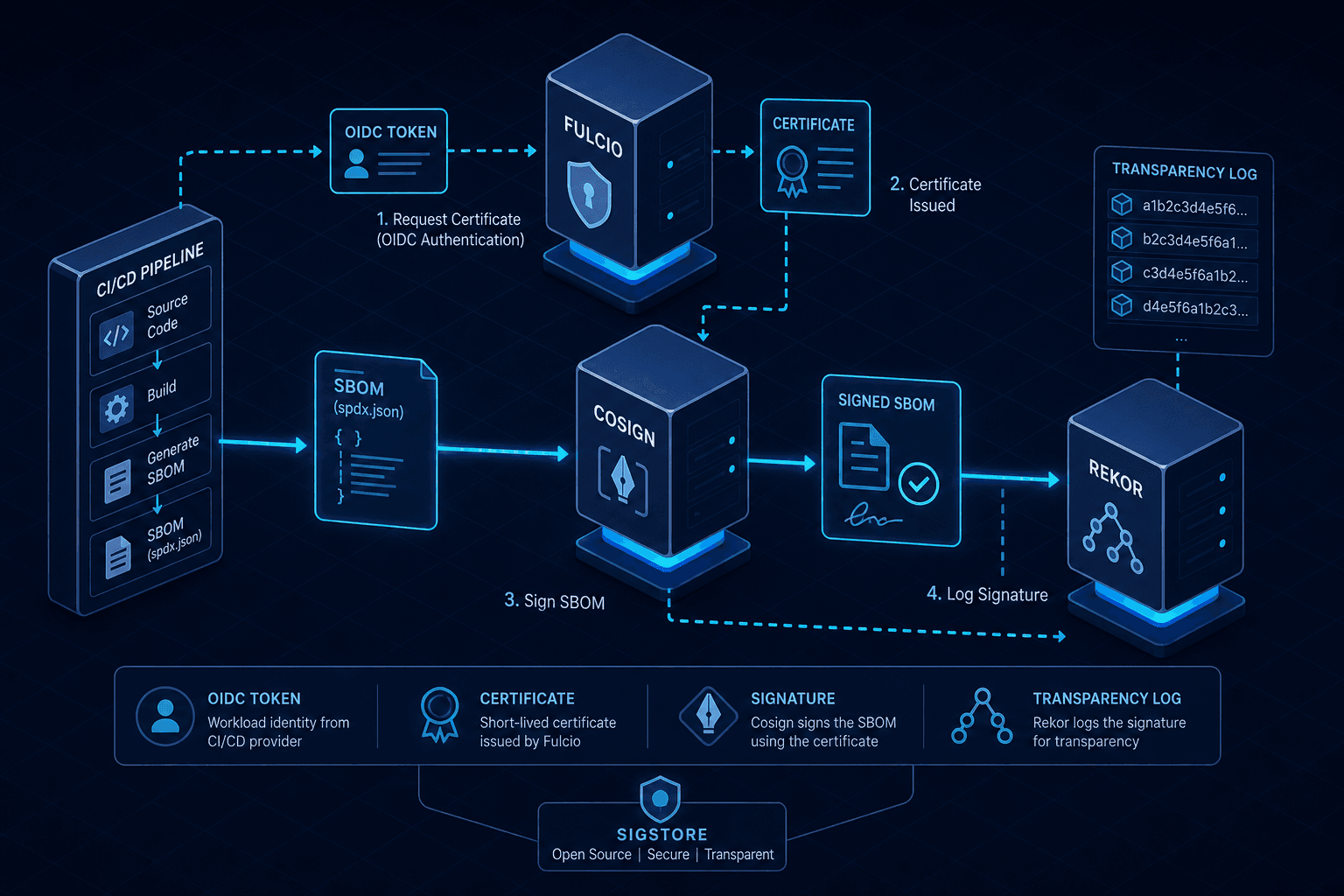 Diagram illustrating the SBOM signing workflow with Sigstore, Cosign, and Rekor.